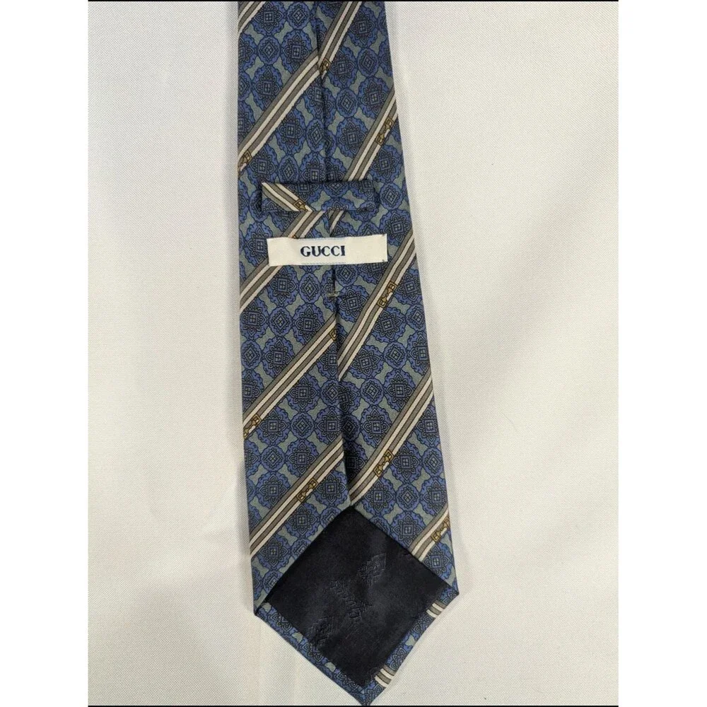 Vintage Gucci Silk Tie | Blue Medallion Print | Horsebit Stripe